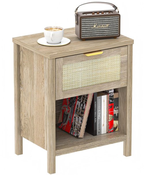 DEMEGA Rattan Night Stand Set of 2 Farmhouse Black Side Table with Drawer and Storage Shelf Boho Bedside Table for Bedroom End Tables (1, Light Oak)