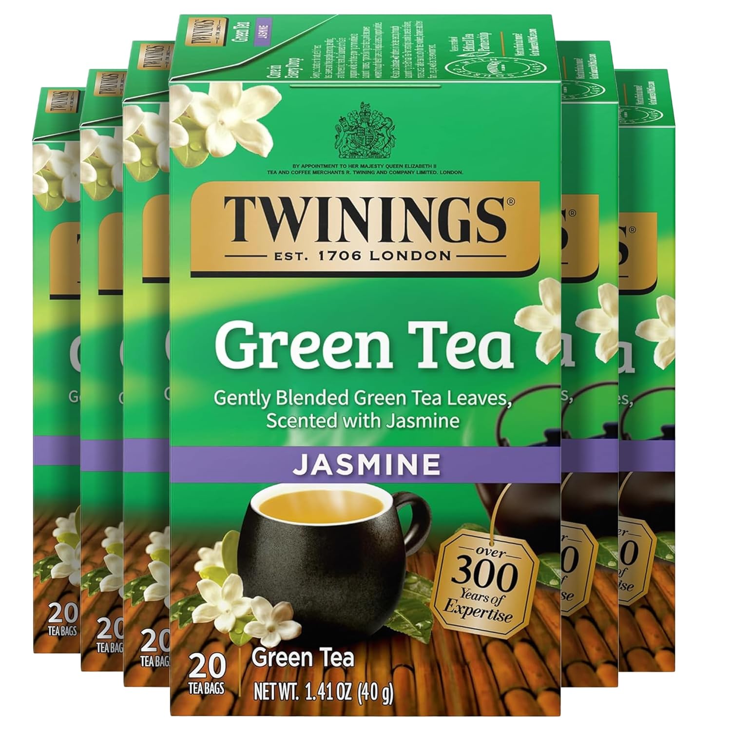 Twinings Green Tea - Jasmine Infused, Individually Wrapped Bags, 20 Count | Caffeinated, Hot or Iced, Pack of 6