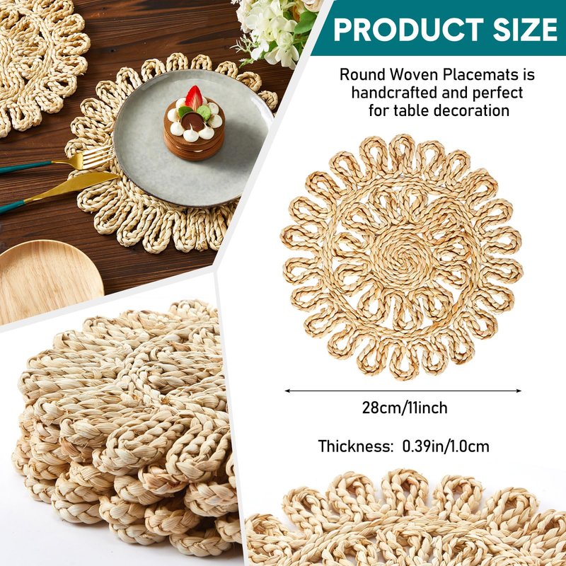 Zopeal 11'' Round Natural Woven Placemats Set of 16 Boho Braided Rattan Placemats Farmhouse Place Mats Wicker Charger Plates for Dining Table Home Wedding Indoor Outdoor(Hollow)