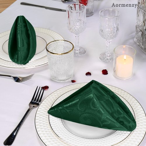 Aormenzy 50 Pack Hunter Green Satin Napkins 17 x 17 Inches Cloth Napkins Jacquard Satin Napkins Scalloped Silky Napkins Square Brocade Napkins for Wedding,Banquet,Party Decoration, JX202401310010