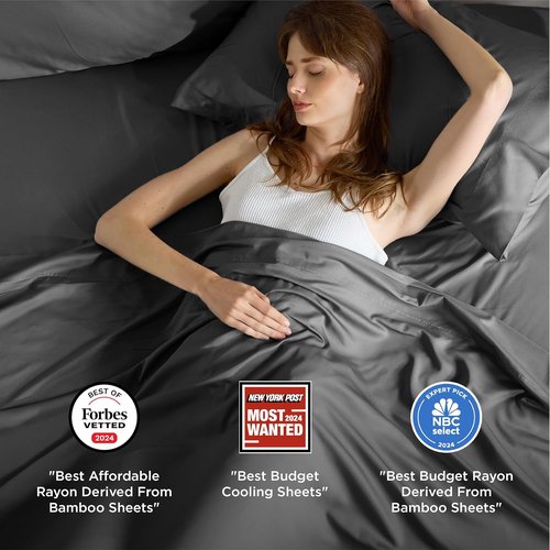Bedsure Cooling Bed Sheets - Soft Rayon from Bamboo | Breathable Deep Pocket Full Size Bedding, Grey