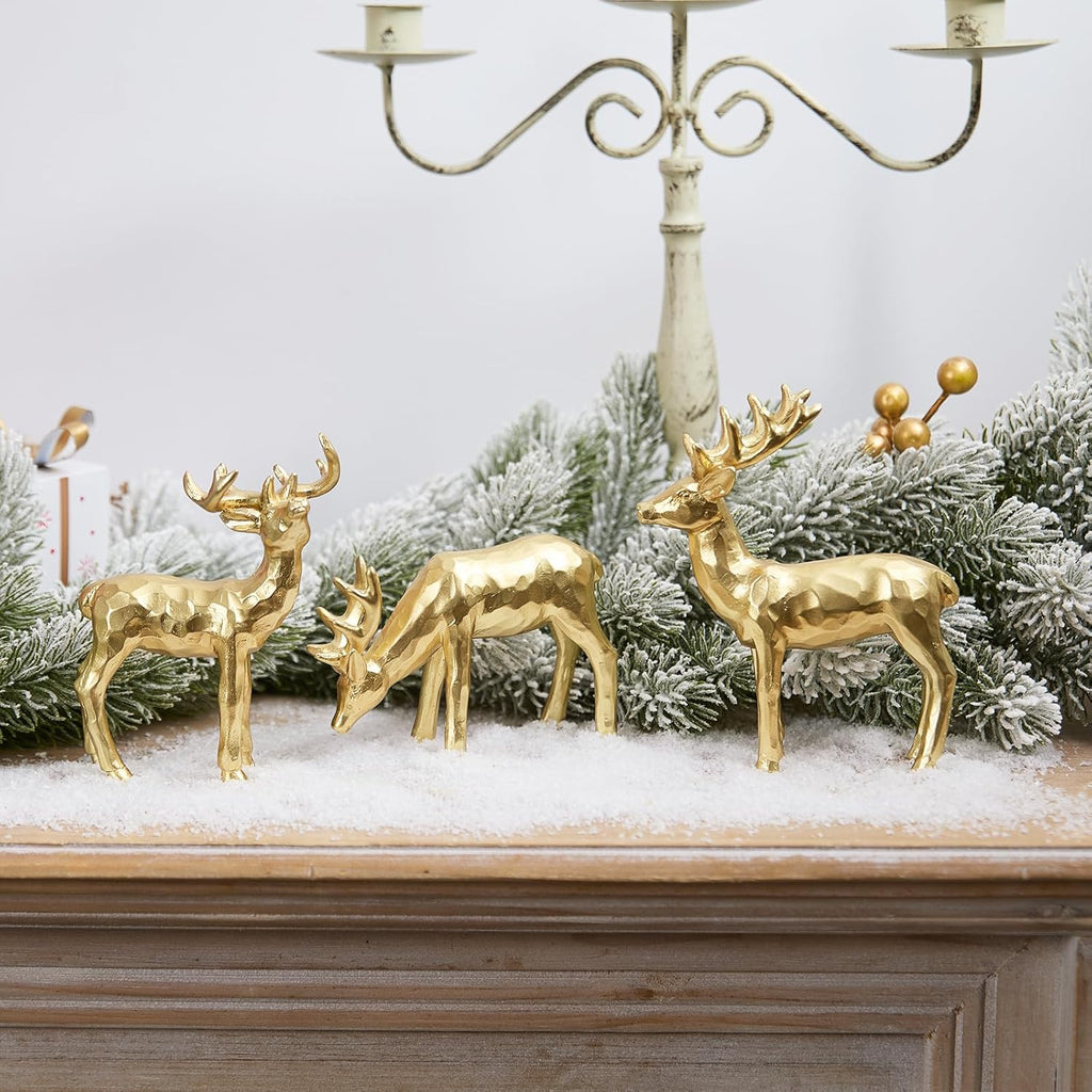 Skiennix 3pcs Resin Reindeer Figurines - Gold Christmas Decor for Tabletop & Mantle