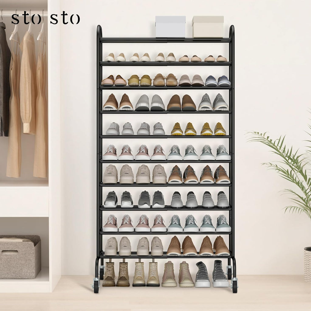 STO STO Expandable Shoe Rack - 10-Tier Metal Organizer for Up to 44 Pairs | Adjustable Storage in Black