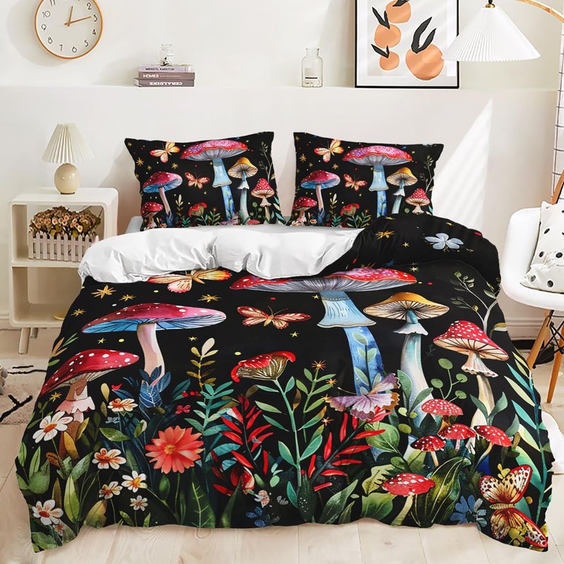 AILONEN Red Mushroom Duvet Cover Set King Size,Botanical Plant Fungus Butterfly Cartoon Mushroom Comforter Cover Set 3 Pieces for Kids Boys Girls Adults,1 Quilt Cover with 2 Pillowcases