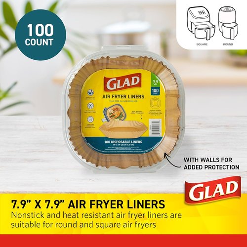 Glad Air Fryer Liners - Nonstick, Heat Resistant, Food Grade Material | 7.9" Rounded Square Shape, 100 Count