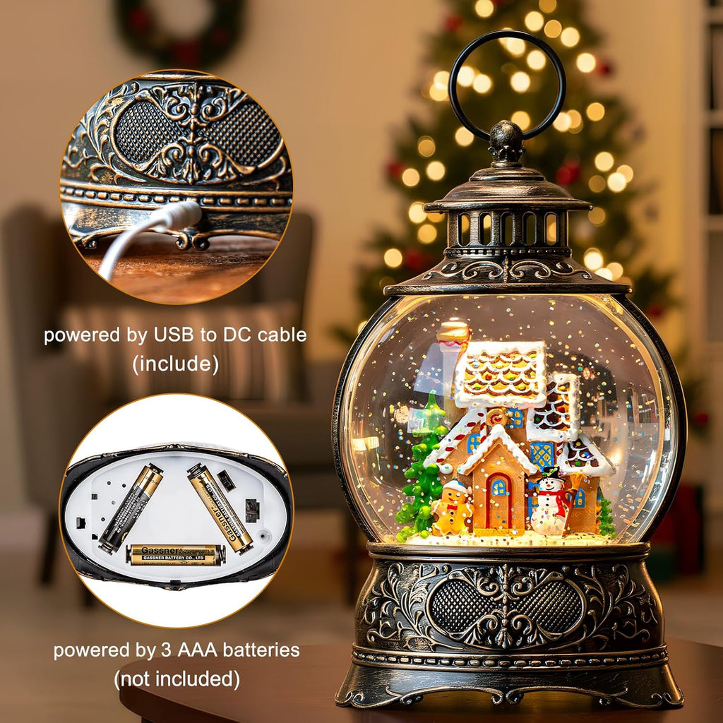 Regine Switzerland Christmas Snow Globe - Gingerbread Man & Snowman Water Lantern with Music & Timer | USB/Battery Operated for Festive Decor
