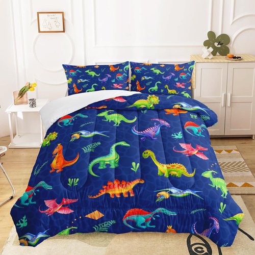 QOOMO Cartoon Dinosaur Kids Comforter Set for Boys Girls Full Size Dark Blue Dino Bedding Set Super Soft Dinosaurs Quilt with 1 Comforter and 2 Pillowcases Lightweight Microfiber for All Seasons