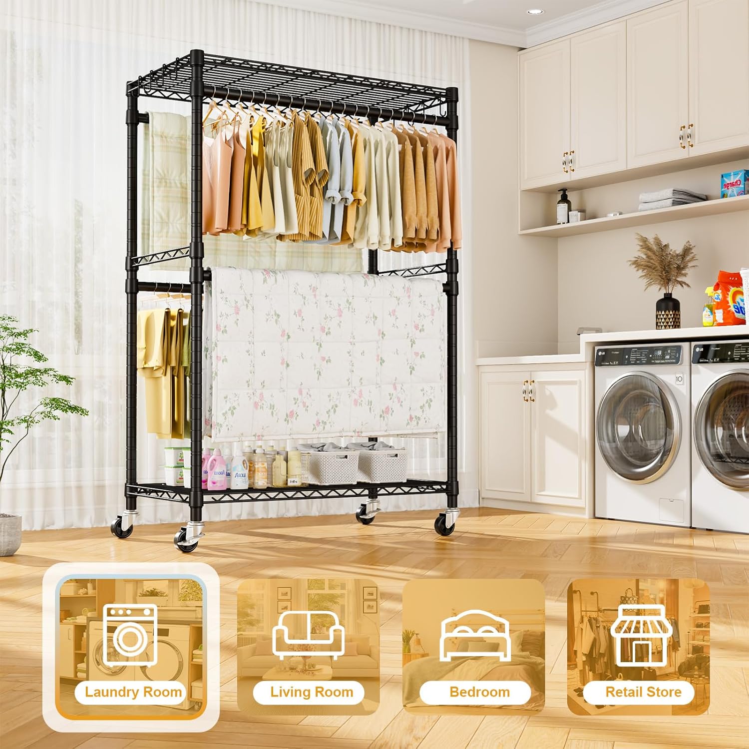 ULIFHOME Heavy Duty Rolling Clothes Rack - Portable Garment Rack with Wheels | 45''W x 20.5''D x 80.5''H, Max Load 570 Lbs, Black
