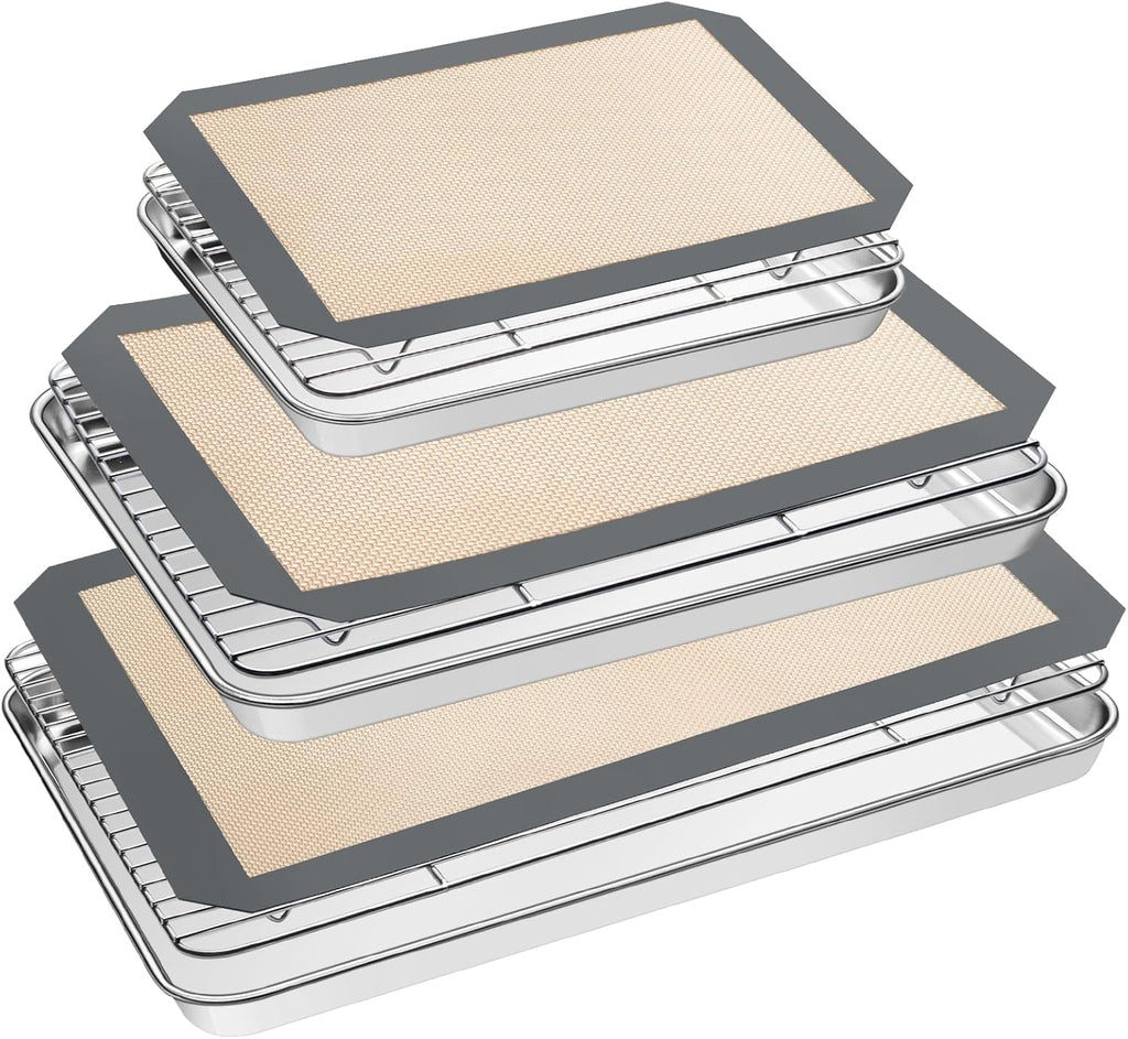 Stainless Steel Baking Sheet Set by [Brand Name] - Heavy Duty Cookie Pan with Cooling Racks & Silicone Mats - Set of 9 (3 Sheets, 3 Racks, Grey)