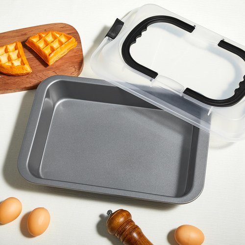 Qinyoung 1 Pcs Cake Baking Pan with Lid and Handle, 9 x 13 Inch Non-stick Rectangle Sheet Cake Pan Carrier for Brownie Roasting Cooking Baking (Black Gray)