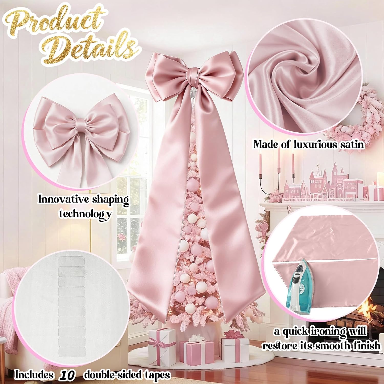 Skiennix Giant Pink Bow Christmas Tree Topper - 75x19 Inch Decor for Coquette Rooms & Parties