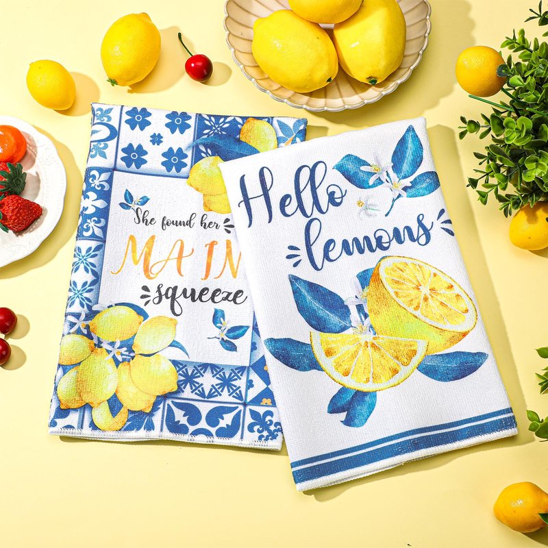 Sratte 6 Pcs Summer Lemon Kitchen Towels 24 x 16 Inch Italian Capri Tiles Lemon Dish Towels Absorbent Blue Yellow Hand Bathroom Towel Mediterranean Tea Towel for Kitchen Bath Amalfi Coast Party Decor