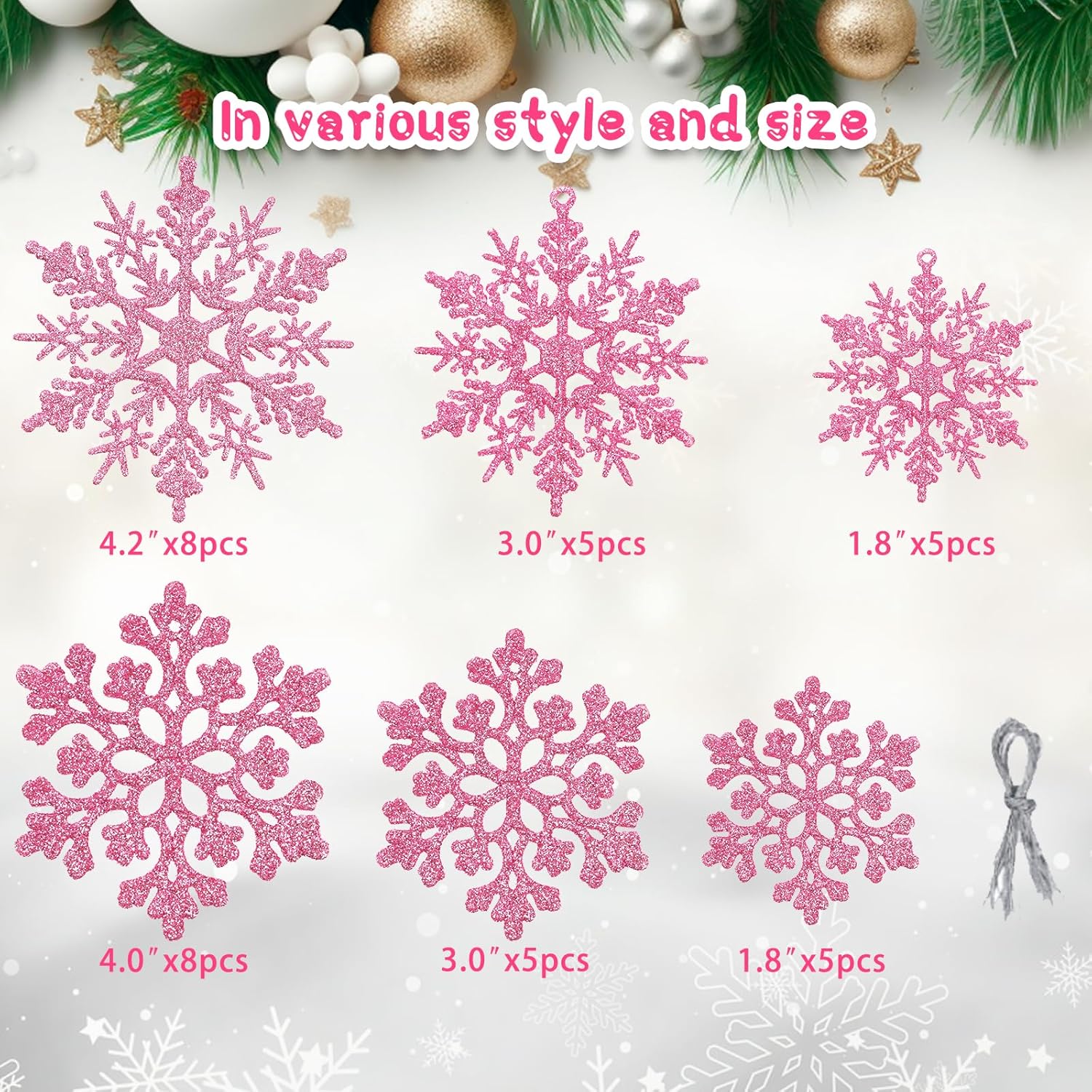 Skiennix 36-Piece Christmas Light Pink Snowflake Ornaments - Glittery Plastic Decor for Winter Trees