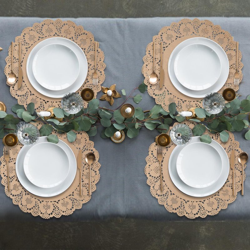 100 Pieces Round Kraft Paper Doilies 13.5 Inches Lace Papers Doilies Disposable Decorative Place Mats Table Pads for Food Cakes Crafts Party Weddings Tableware Decor