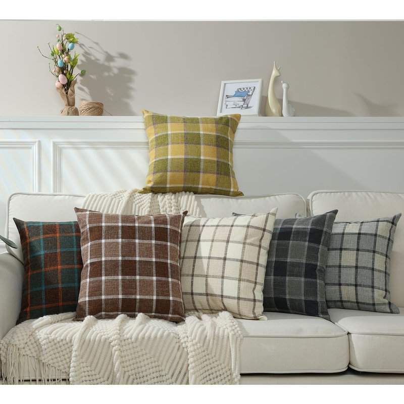 Stellhome Pack of 2 Fall Linen Buffalo Check Decorative Throw Pillow Covers, Farmhouse Plaid Cushion Covers Rustic Retro Decor for Couch Sofa Living Room, 24x24 Inch, Beige