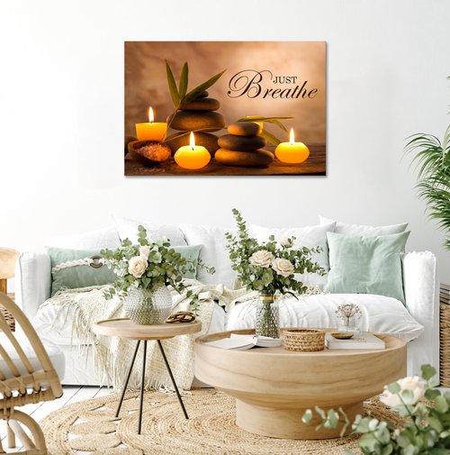 YIOZHAOFH Zen Wall Decor Just Breathe Motivational Bathroom Wall Art Yoga Room Poster for Women Spa Picture Painting Spiritual Artwork Framed for Living Room Ready to Hang (24L x 36W)