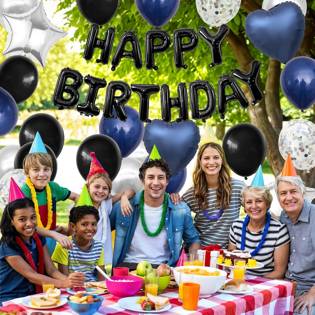 Skiennix Navy Blue & Black Birthday Decorations - Stylish Balloons & Banner Set for Men & Women
