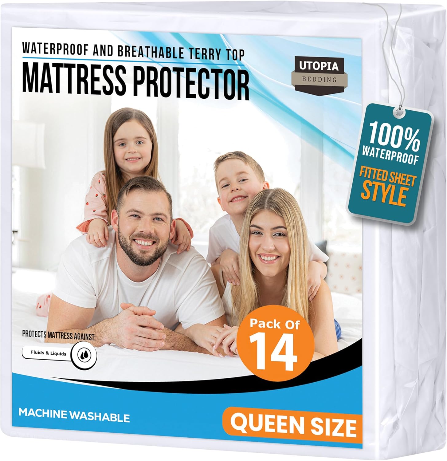 Queen Size Mattress Protector Waterproof 14 Pack, Premium 200 GSM Terry Mattress Cover, Soft & Breathable Bed Cover, Fitted Sheet Style Stretchable Deep Pockets 17" by Utopia Bedding (White)