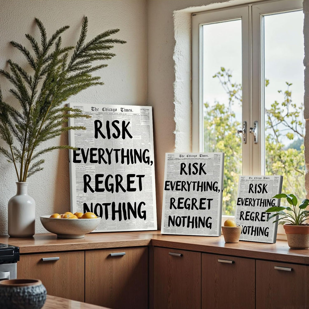 RISK Everything REGRET Nothing Canvas Wall Art - Retro Black & White Poster for Home Decor | 16x24 in Unframed