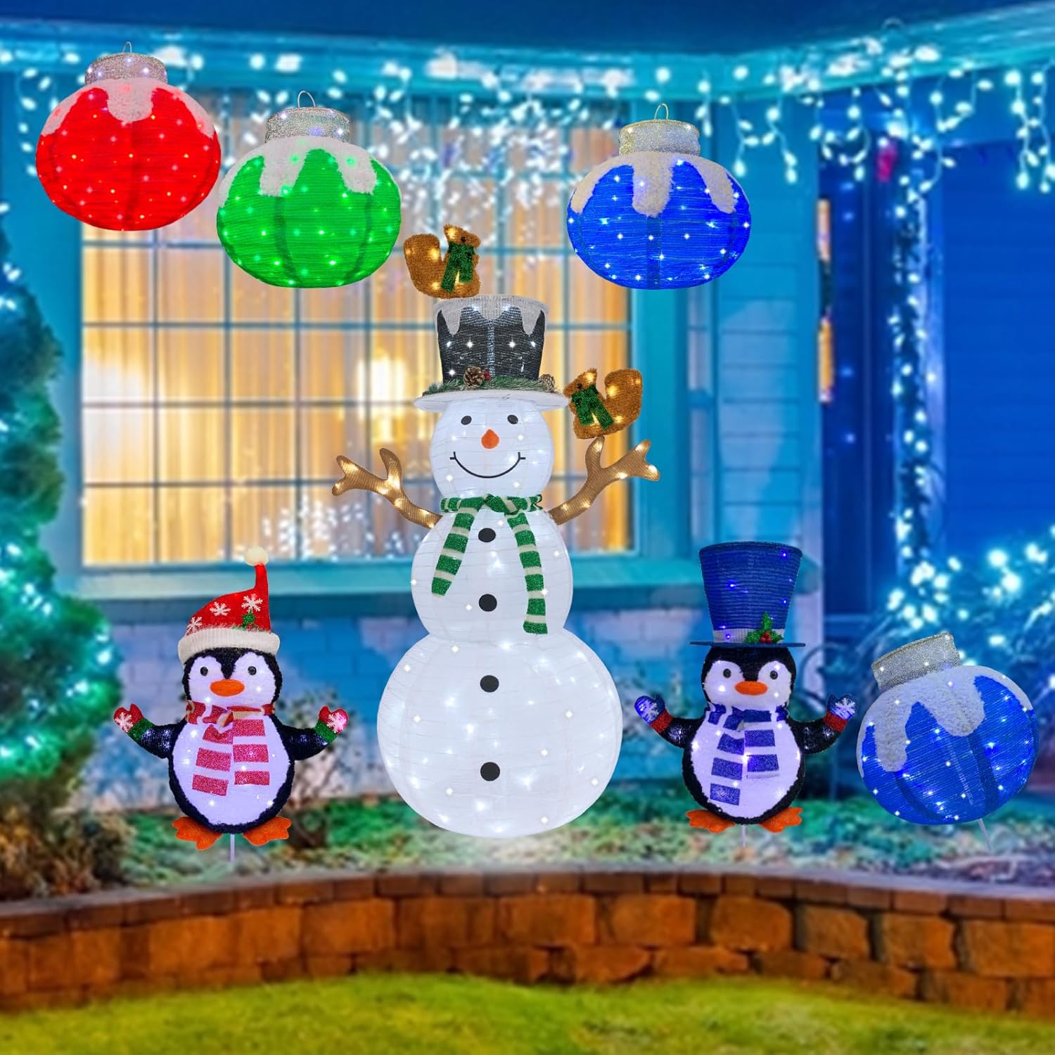 Skiennix Lighted Snowman | Prelit 120 LED Outdoor Christmas Decoration | Collapsible Design for Yard & Porch - Green