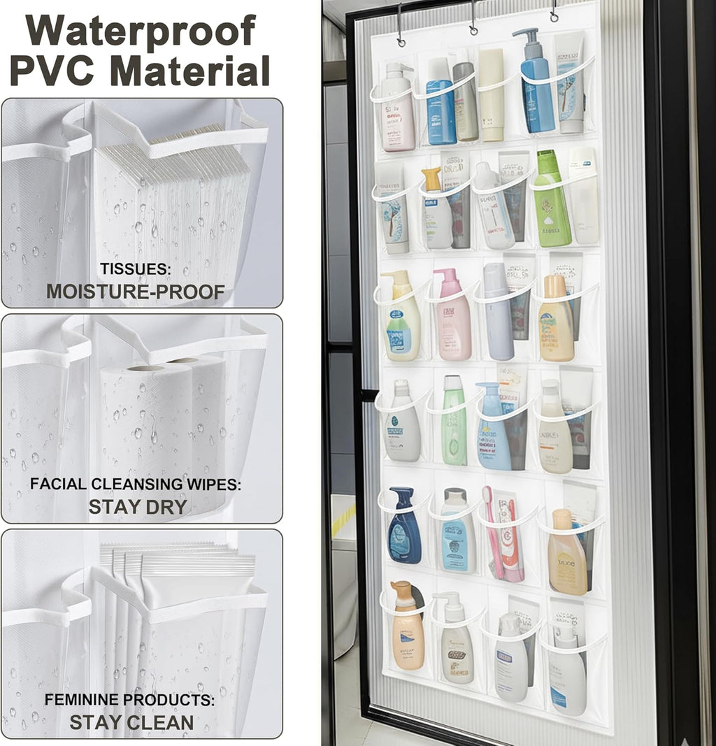 Over The Door Shoe Organizer - 24 Crystal Clear Pockets & Heavy Duty Metal Hooks | Space-Saving Shoe Storage (White)