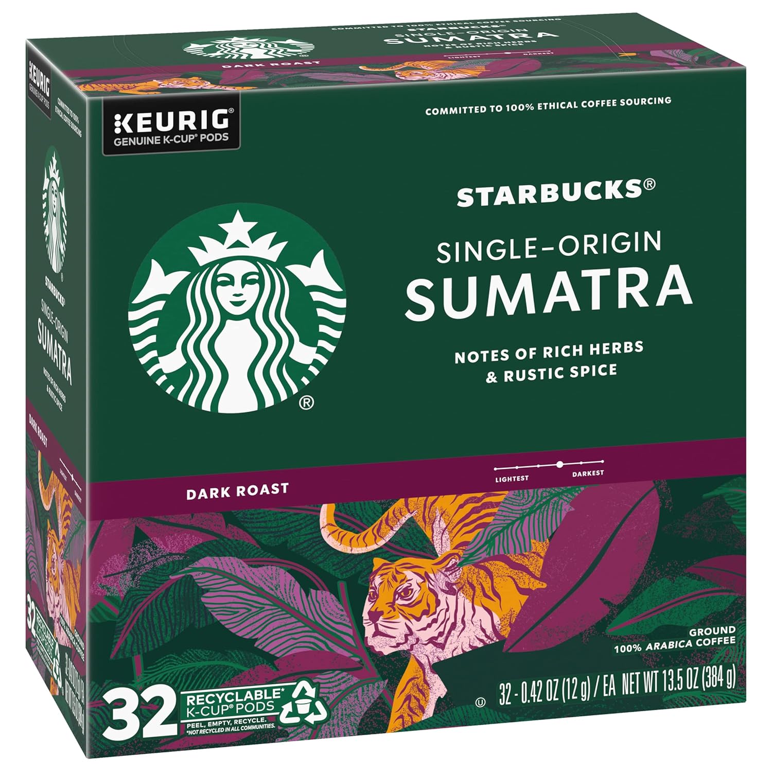 Starbucks K-Cup Pods - Sumatra Dark Roast Coffee - Single-Origin, 32 Count (Pack of 4)