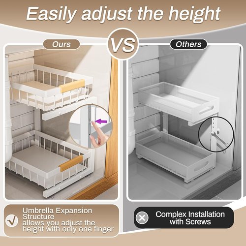 ADBIU Under Sink Organizer - Adjustable Height 2-Tier Pull-Out Drawers | Heavy-Duty Metal Shelf, White (11"-15.75")