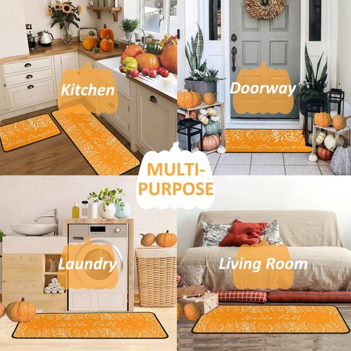 Fall Kitchen Rugs and Mats Set of 2, Fall Decorations for Home Non Slip Backing Holiday Kitchen Rug Autumn Decor Orange Kitchen Floor Mat 17"X47"+17"X30"