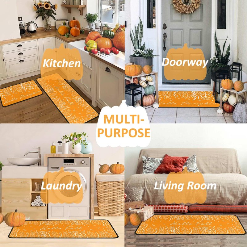 Putware Fall Kitchen Rugs and Mats Set of 2, Fall Decorations for Home Non Slip Backing Thanksgiving Kitchen Rug Seasonal Farmhouse Holiday Autumn Decor Kitchen Floor Mat 17"X47"+17"X30"