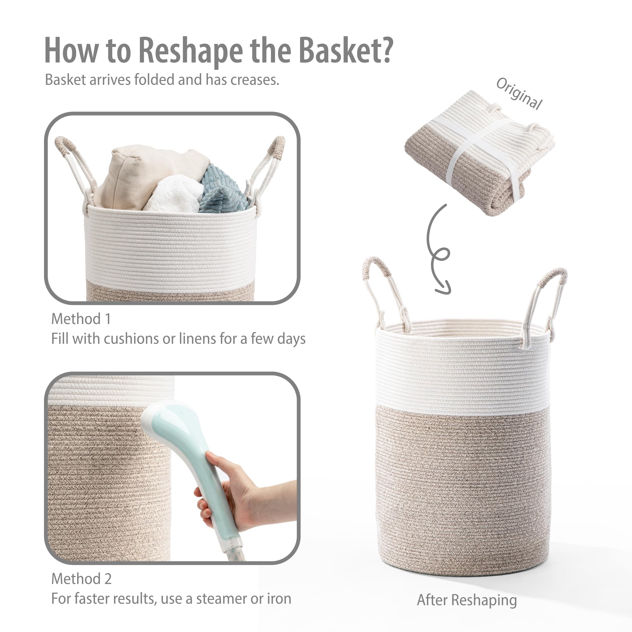 Kodomoore Laundry Basket – Laundry Hamper for Clothes, Blankets, Yoga Mat – Woven Cotton Rope Basket for Living Room, Nursery Room – Boho Style – 16”D x 22”H – White & Beige Brown