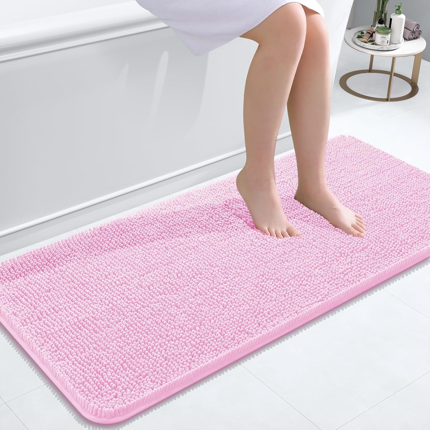 OLANLY Bathroom Runner Rugs - Extra Soft Absorbent Chenille | Quick-Dry Rubber Backing, 47x20, Pink