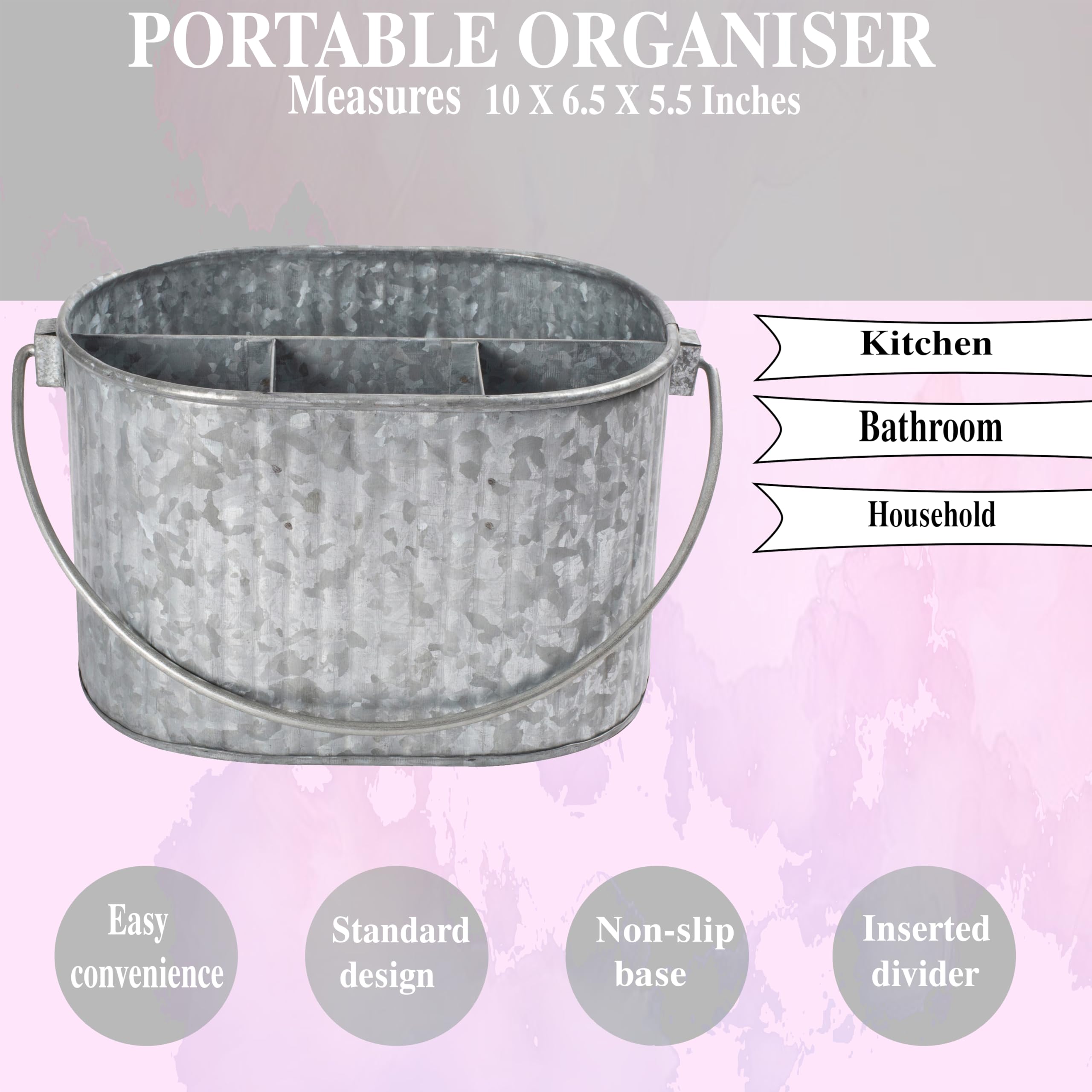 CLEENTABLE Galvanized Metal Caddy with Handle - Heavy Duty Utensil Holder & Cutlery Organizer, Rustic Farmhouse Tabletop Storage Bin for Kitchen, Picnic, BBQ, and Parties