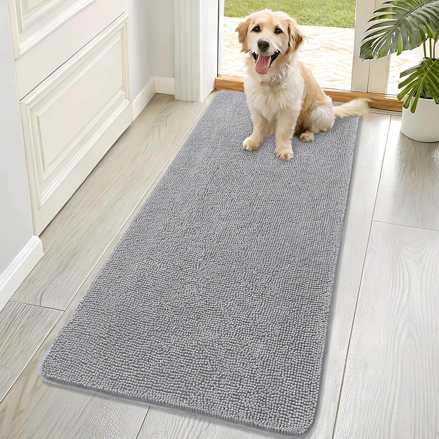 OLANLY Dog Door Mat - Absorbent Non-Slip Chenille Mat for Muddy Paws | 70x32 Light Grey Indoor Carpet