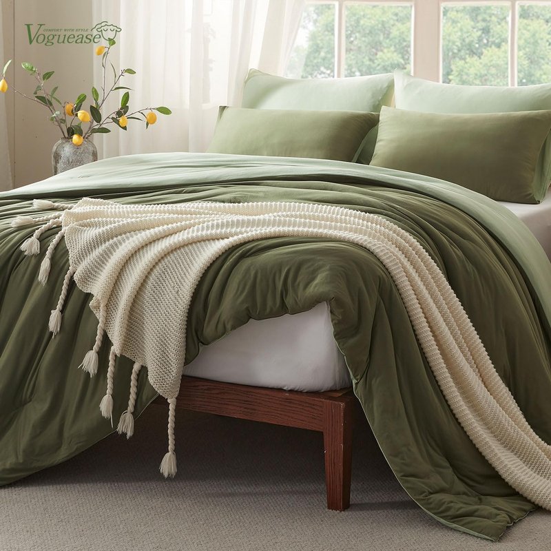 Voguease King Size Comforter Set Comforters King Size Luxury Ultra-Soft Jersey Knit Bedding Sets, Olive/Sage Green Lightweight Down Alternative Bed Comforter for All Season, 3 Piece Bedding Set