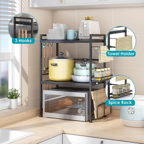 DOLALIKE Microwave Oven Rack - Expandable Kitchen Storage Stand with 6 Hooks | Carbon Steel Countertop Organizer