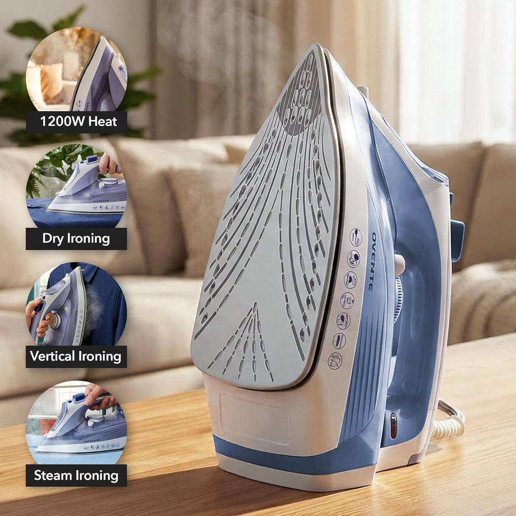 OVENTE Steam Iron - 1200W Non-Stick Ceramic Soleplate with Precise Thermostat & Auto Shutoff | Blue IRNL77BL