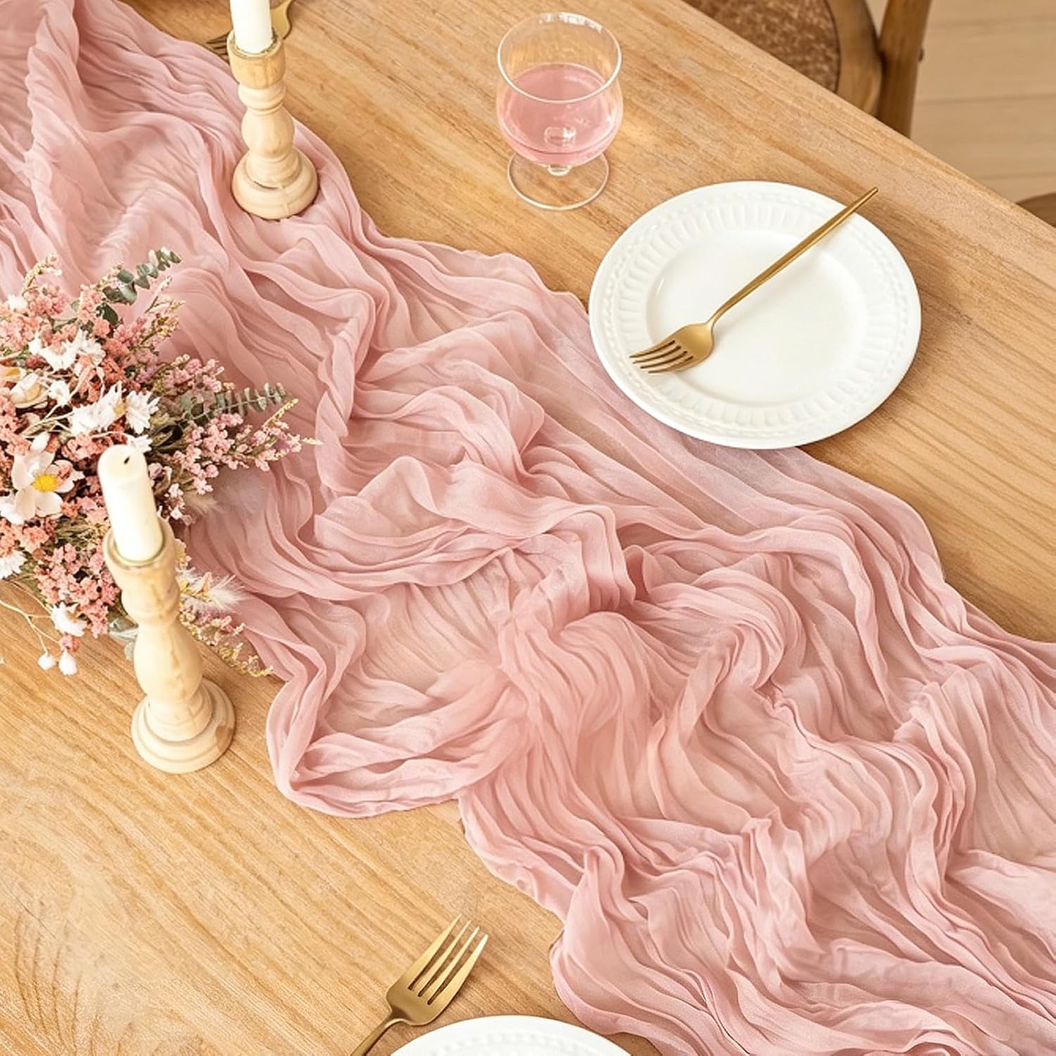 Skiennix Pink Cheesecloth Table Runner - 10FT Dusty Pink Boho Gauze for Spring & Events