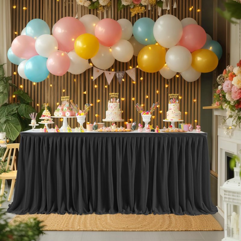 Little Funny Black Table Skirts for Rectangle Tables - 6ft Polyester Tablecloth Skirt with Ruffle for Birthday Party, Banquet, Wedding, Bridal Shower Decorations Desk Skirt for Teacher Desk