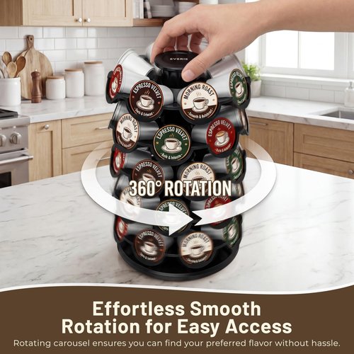 EVERIE Coffee Pod Carousel Organizer for Countertop, Holds 40 Single-Serve Coffee Pods, Smooth 360° Rotating Holder, Space-Saving Coffee Station Storage, Compact 8" x 8" x 12.4"