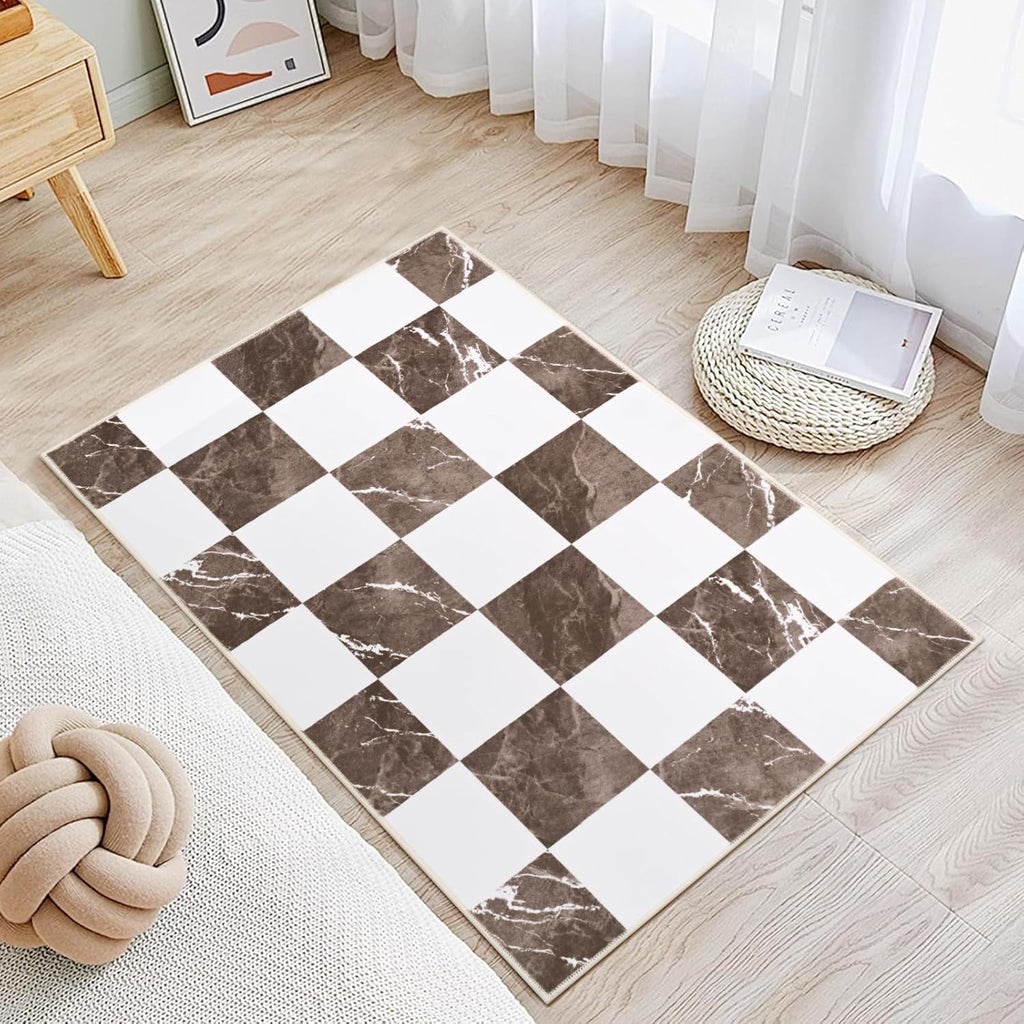 Yinhua Checkered Rug - Washable Brown and White Area Rug | Soft Non-Slip 2x3 Entryway Mat