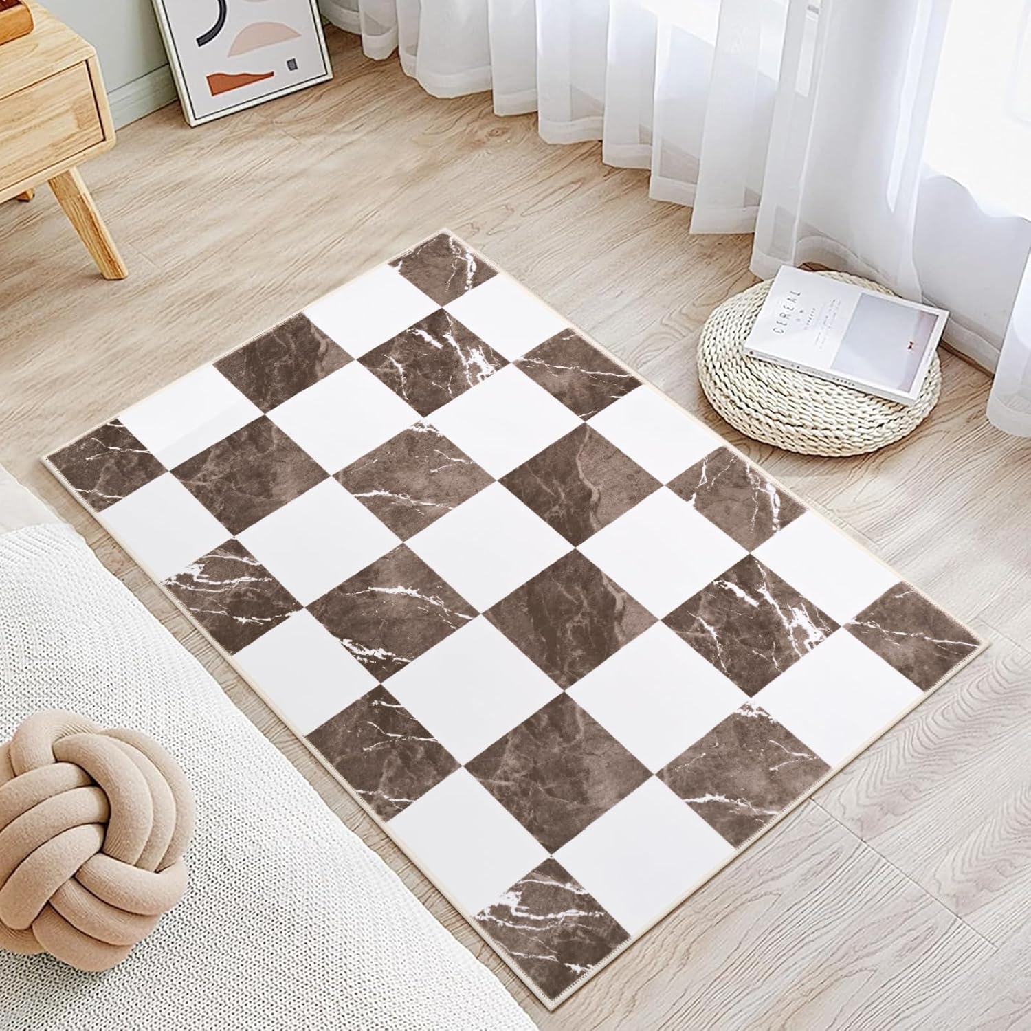 Yinhua Checkered Rug - Washable Brown and White Area Rug | Soft Non-Slip 2x3 Entryway Mat