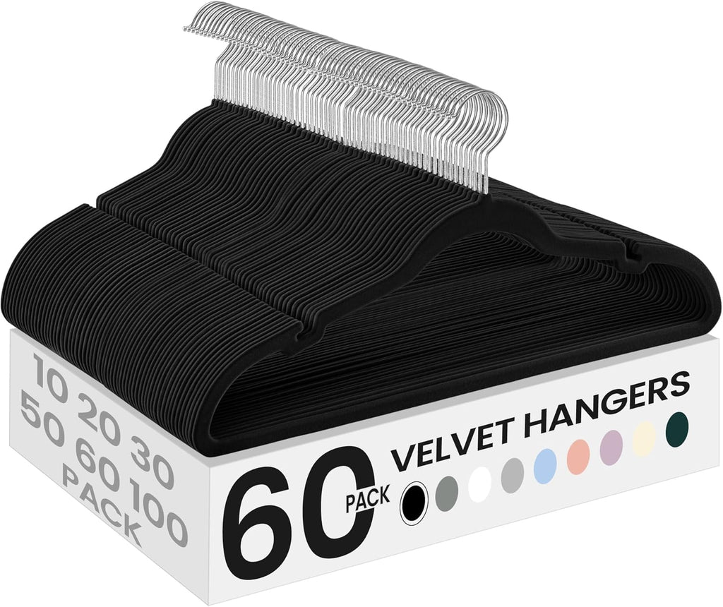 SONGMICS Velvet Hangers - 60 Pack Non-Slip Clothes Hangers with 360° Swivel Hook | Ink Black