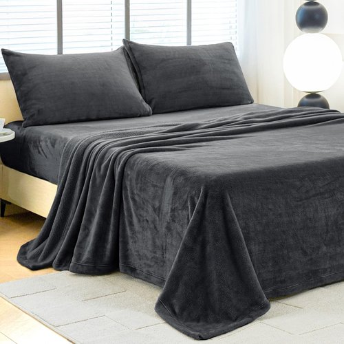 HCORA Fleece Queen Sheet Set, Luxury Soft Faux Fur Bed Sheets, Fluffy Plush Velvet Sheets Fuzzy Bedding Sheets for Fall and Winter, Cozy Warm, No Shedding, 4PC, Dark Grey