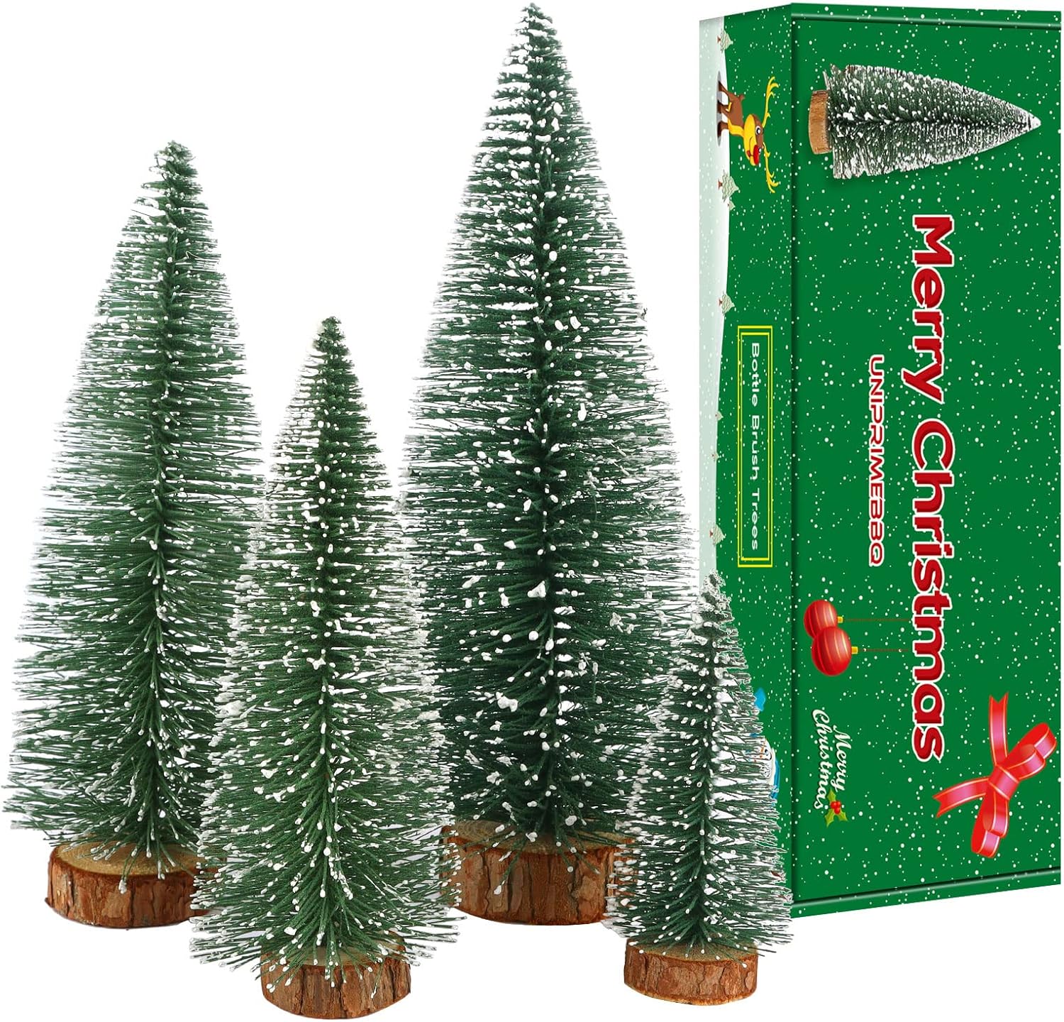 Skiennix Mini Christmas Tree - Small Pine Tabletop Decor with Wooden Bases | Green - Set of 4