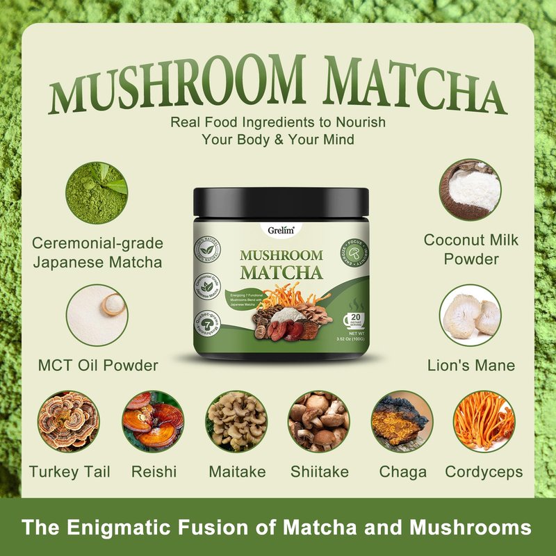 Grelim Mushroom Matcha Infused With 7 Superfood Mushrooms, MCT Oil, Coconut Milk Powder - Great Tasting Matcha Latte 3.52 Oz