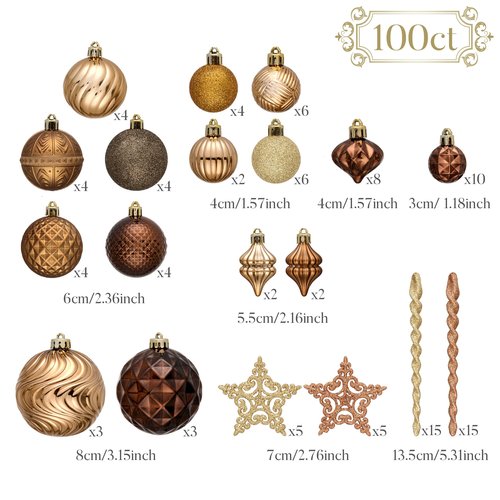 Valery Madelyn 100ct Christmas Tree Decorations Ball Ornament Set, Bronze Copper Brown Gold Shatterproof Hanging Ornaments Bulk for Fall Thanksgiving Autumn Harvest Xmas Holiday Party Decor