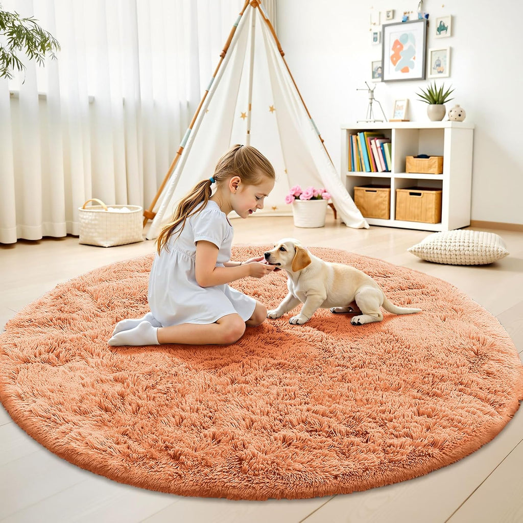 OLANLY Round Area Rug - Soft & Fluffy Muted Orange Shaggy Carpet, 8 ft Circle for Bedroom & Living Room