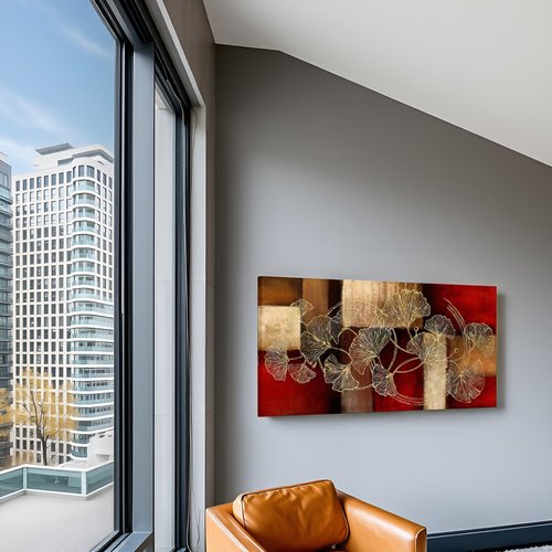 sechars Large Abstract Canvas Wall Art Golden Ginkgo Leaf Painting Artwork Modern Leaves Picture for Living Room Bedroom Decoration 24x48 Inch (Red)