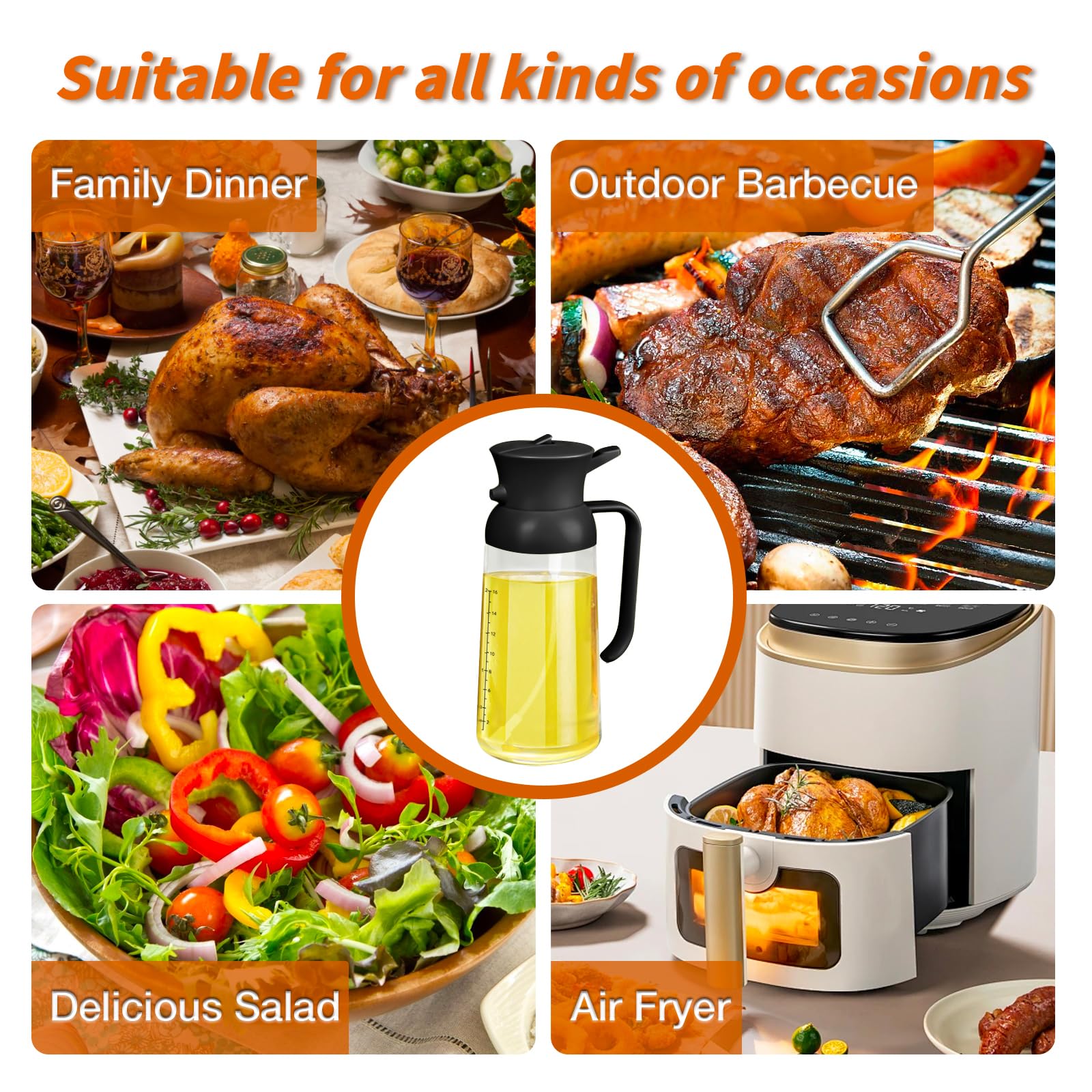 YARRAMATE Large Capacity 2 in 1 Oil Sprayer for Cooking with Measuring, 18oz/550ml Olive Oil Dispenser for Kitchen, Food-grade Oil Spritzer Bottle for Air Fryer, Salad BBQ (Black)