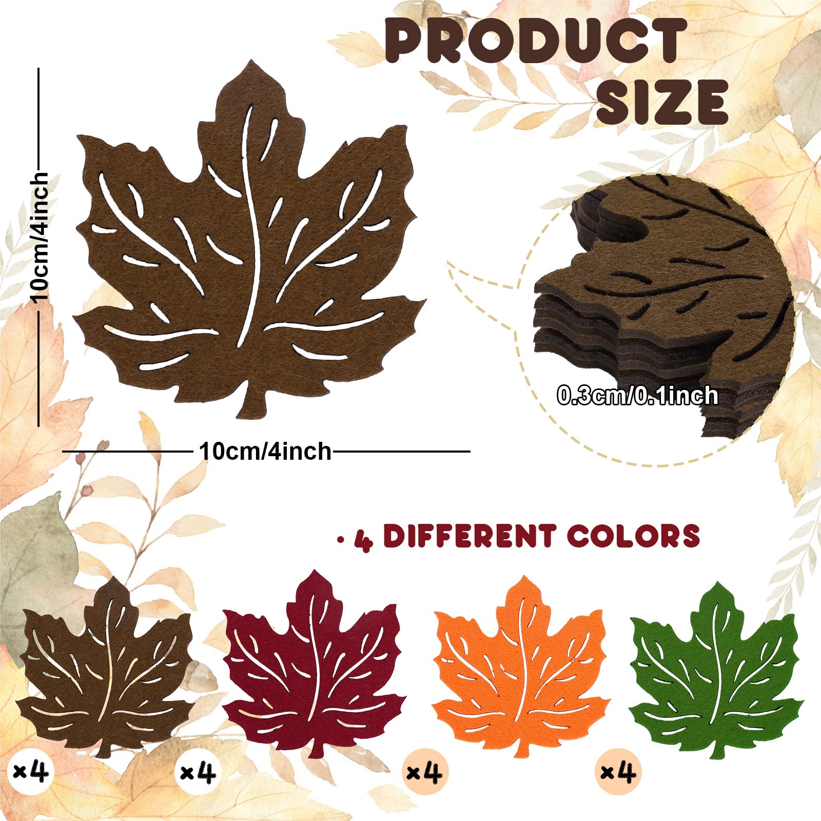 Whaline 16Pcs Fall Maple Leaf Coasters Thanksgiving Felt Maple Leaf Shaped Tableware Mat Orange Green Brown Non-Slip Heat Insulation Drink Tea Coffee Cup Mat for Autumn Harvest Party Home Dinner Decor